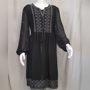 EUC Black Sheer Dress with White Embroidery Size 12/14